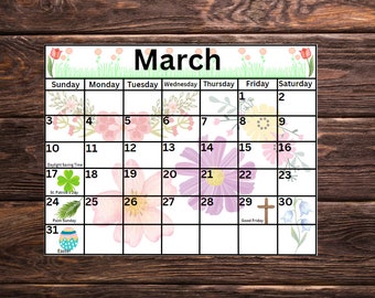 Printable Easter Calendar, Printable Flower Calendar, Homeschool Planner Calendar, Printable Spring Calendar, Kid's March Calendar