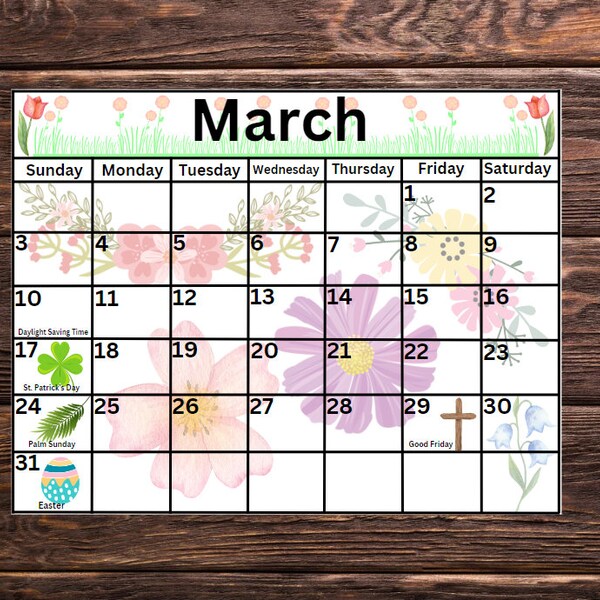 Printable Easter Calendar, Printable Flower Calendar, Homeschool Planner Calendar, Printable Spring Calendar, Kid's March Calendar