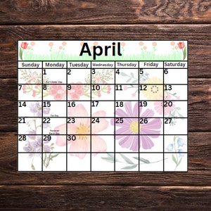 Printable April Calendar, Printable Flower Calendar, Homeschool Planner Calendar, Printable Spring Calendar, Kid's Floral Calendar image 1