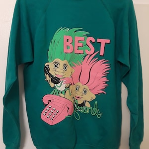 Vintage Troll Best Friends Trolls Neon Teal Pink Green Pullover Sweatshirt
