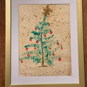 Bellissimo albero di Natale dipinto a mano con stampa a foglia in cornice dorata, ottimo regalo o decorazione per Natale
