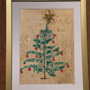 Bellissimo albero di Natale dipinto a mano con stampa a foglia in cornice dorata, ottimo regalo o decorazione per Natale
