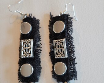 Black denim and silver earrings pair handmade. Matching bracelet also listed.