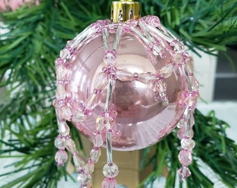 Handmade beaded ornament pink about 3 in diameter