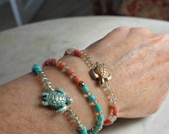 Coral and aqua beaded bracelets, set of 3, loggerhead turtle charms, stretch bracelets