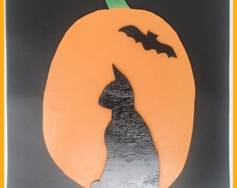 Pumpkin Yard Stake with Black Cat and Bat