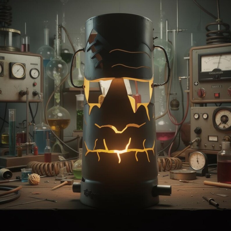 May include: A black metal lamp with cut-out designs, emitting a warm, yellow glow. The lamp has a cylindrical shape with two handles and sits on a wooden surface. The background features laboratory equipment, including beakers and gauges.