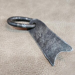 May include: A black metal ring with a flat, rectangular tag attached. The tag has a curved edge and a small notch at the bottom.