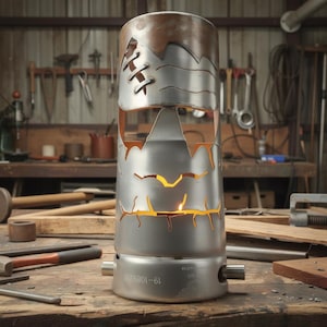 May include: A cylindrical metal lantern with a mountain-peak design cut into the sides. The top section is a darker, rusted metal. The interior glows with warm light. The lantern sits on a wooden workbench.