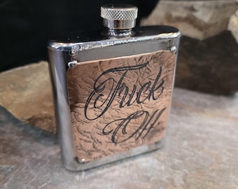 Artisan Made Stainless Steel Hip Flask | Forged Copper F-Off | Artisan Handmade Metal