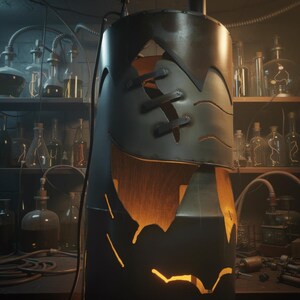 May include: A cylindrical metal object with a stitched design and cut-out shapes, possibly a steampunk-themed lamp or device. The interior glows with warm light, suggesting a heat source. The background shows laboratory glassware on shelves.