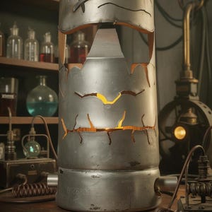 May include: A cylindrical metal lamp with a distressed finish, featuring cut-out designs and visible interior lighting. The lamp has a steampunk aesthetic, with visible rivets and a weathered appearance. The background includes laboratory equipment and shelves with glass bottles.