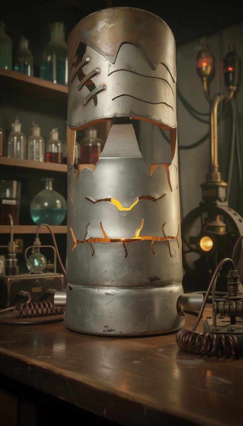 May include: A cylindrical metal lamp with a distressed finish, featuring cut-out designs and visible interior lighting. The lamp has a steampunk aesthetic, with visible rivets and a weathered appearance. The background includes laboratory equipment and shelves with glass bottles.