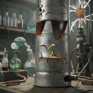 May include: A steampunk-style laboratory scene featuring a weathered metal cylinder with cut-out designs, emitting a warm glow. The lab is filled with glass beakers, tubes, and a sparking electrical device, creating a vintage, scientific atmosphere.