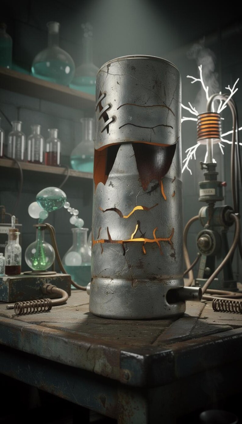 May include: A steampunk-style laboratory scene featuring a weathered metal cylinder with cut-out designs, emitting a warm glow. The lab is filled with glass beakers, tubes, and a sparking electrical device, creating a vintage, scientific atmosphere.