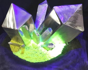 Crystal Cluster Metal Sculpture Art | Handmade Gemstone Decor with UV Glowing Sand