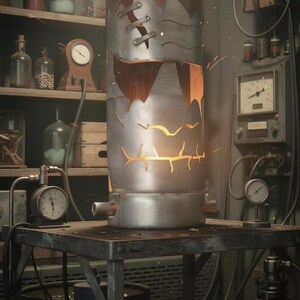 May include: A cylindrical metal device with a distressed appearance, featuring visible seams and a jagged opening. The interior glows with a warm light, suggesting a heating or processing function. It sits on a metal table in a workshop setting.