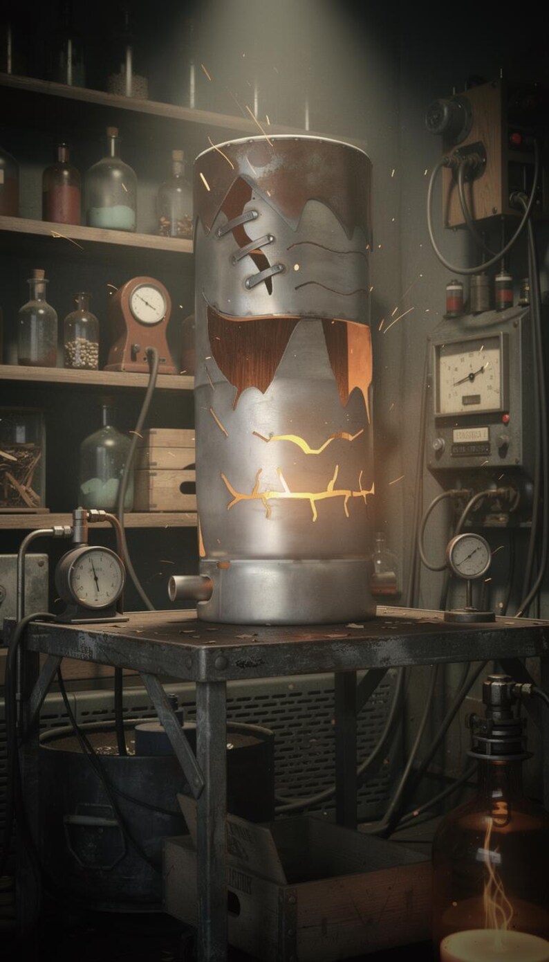 May include: A cylindrical metal device with a distressed appearance, featuring visible seams and a jagged opening. The interior glows with a warm light, suggesting a heating or processing function. It sits on a metal table in a workshop setting.
