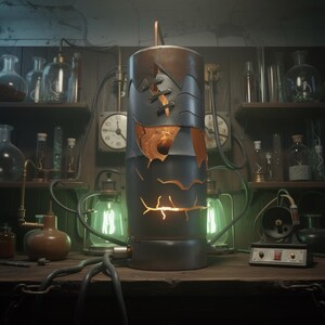 May include: A steampunk-style lamp with a cylindrical, riveted metal body. The lamp has cut-out sections revealing an inner light source. The background features laboratory glassware, clocks, and other scientific equipment, creating a vintage aesthetic.