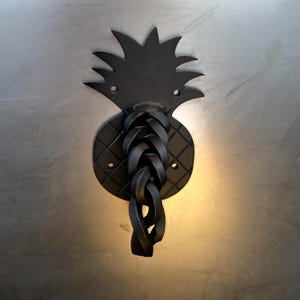 May include: A matte black metal door knocker shaped like a pineapple. The pineapple body features a cross-hatched grid pattern and four circular mounting holes. A central, vertically oriented, twisted metal bar serves as the swinging knocker.