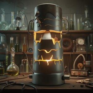 May include: A dark metal laboratory device with a cylindrical shape, featuring cut-out designs that reveal a warm, glowing interior. The device has handles and sits on a base, with various laboratory equipment in the background.