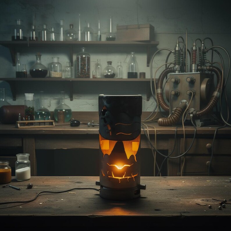 May include: A cylindrical Halloween-themed lamp with a carved jack-o'-lantern face, emitting a warm orange glow. The lamp is on a wooden table in a laboratory setting, with scientific equipment and glassware in the background.