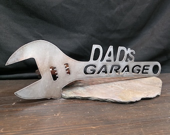 Dad&#39;s Garage Metal Wall Sign | Steel Wrench Art |  Magnetic Shop Decor