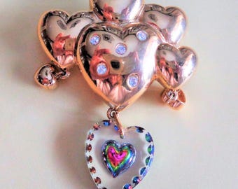 Multi-Hearts Pin Brooch with Clear Rhinestones and Dangling Heart Charms - Valentine's Day Gift