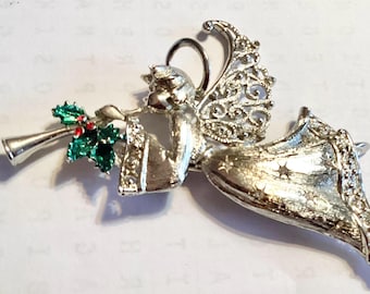 JJ Jonette Silber Engel mit Trompete und Strass Brosche