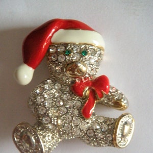 Christmas Teddy Bear Santa Hat and Bow Rhinestone Metal Pin Brooch