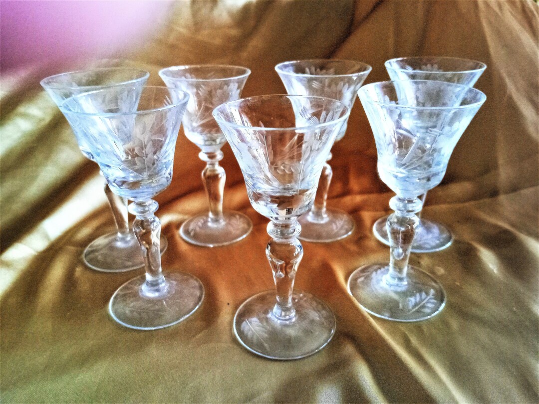 Etched Glass Apertif Limoncello Brandy Cordial Glasses Vintage Set of