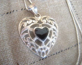 Sterling Silver Black Onyx Heart Pendant and Necklace