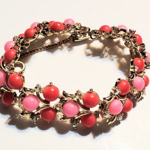 Vintage Red and Pink Beaded Bracelet with Rhinestones