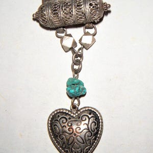 Antique Heart Brooch Pin Faux Turquoise Nuggets Dangling Heart Charm - Valentine&#39;s Day Gift