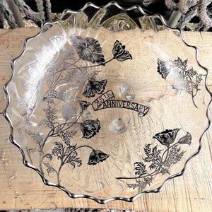 25th Anniversary Clear Crystal Footed Bowl with Silver Poppy Flowers and Trim - Memorabilia Collectibles