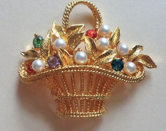 Gerry's Basket Brooch with Faux Pearls & Rhinestones
