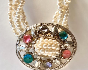 Faux Pearl Choker Necklace with Multi-Color Rhinestones Pendant Center