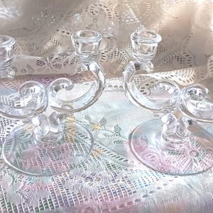 Pair of FOSTORIA Double Arm Clear Glass Candlestick Holders “Century” Pattern Circa 1950’s