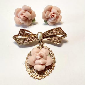 1928 Jewelry Company Collection Brooch Pin and Earrings with Pink Roses