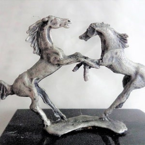 Two Rearing Silver Plated Pewter Horses on Marble Base - Made in Taiwan ROC