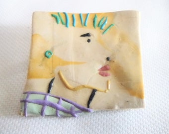 Vintage Handmade Ceramic Face Pin Signed 1988