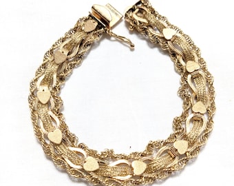 Vintage 14k Gold Woven Link Charm Bracelet with Florentine Hearts