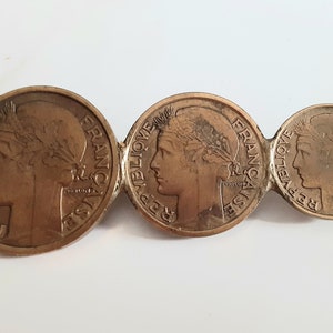 Three 1940 French Franc Coins Bar Pin: WWII Era Bronze & Aluminum