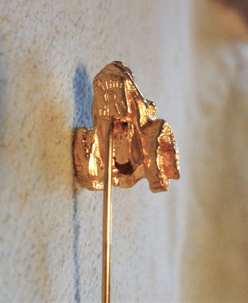 May include: A gold-colored lapel pin with a detailed, textured design. The pin features a stylized shape with visible text. The pin has a long, thin, gold-colored pin backing.