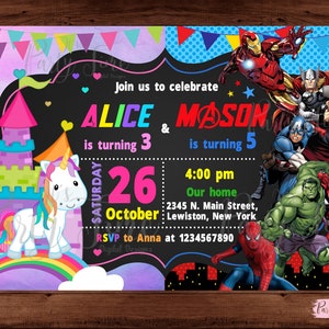 Unicorn and Superhero Invitation - Unicorn Invitation - Superhero Invitation - Twins Birthday Invitation - Double kids party - DIGITAL FILE