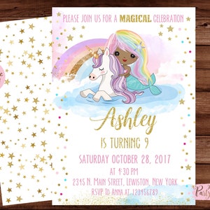 African American Mermaid Birthday - African American Mermaid and Unicorn Invitation - Einhorn Einladung - Meerjungfrau Einladung. DIGITALE DATEI