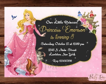 May include: A pink and gold princess-themed birthday invitation with a cartoon image of Princess Aurora from Sleeping Beauty. The invitation says "Our Little Princess! Princess Emerson is turning 8" and includes details for the party, including the date, time, address, and RSVP information.