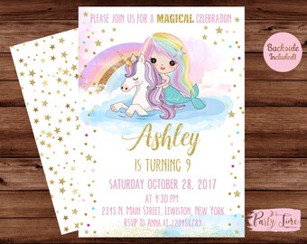 Magical Rainbow Mermaid and Unicorn Birthday Invitation - Mermaid and Unicorn Invitation - Unicorn Invitation -  Mermaid invitation. DIGITAL