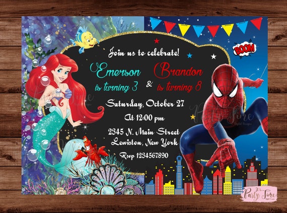 Little Mermaid and Spiderman Invitation Superhero and Princess