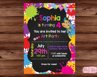 May include: A colorful invitation for an art party for a child turning four. The invitation features a chalkboard background with paint splatters and the text "Sophia is turning 4. You are invited to her Art Party. Saturday July 29th 1:00 pm 2345 N. Main Street, Lewiston, New York RSVP with Sandy at 1234567890 Dress for mess!"